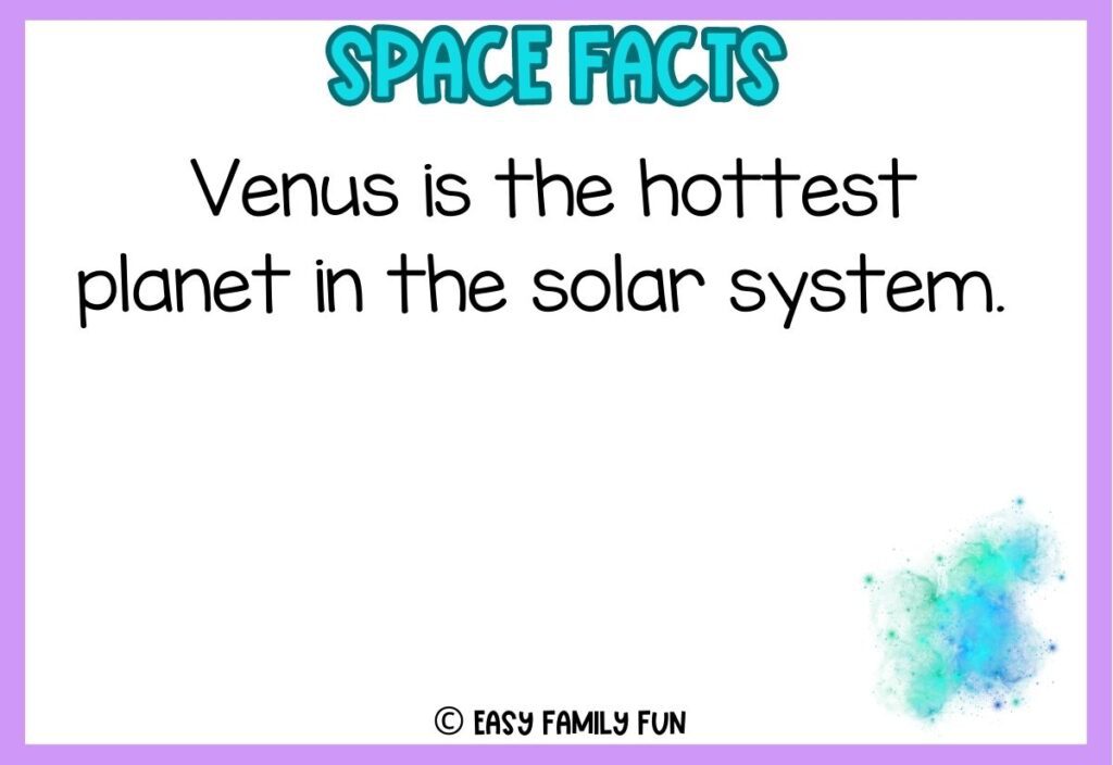 in post image with white background with purple border, bold blue title stating "space facts", image of space, and space fact. 