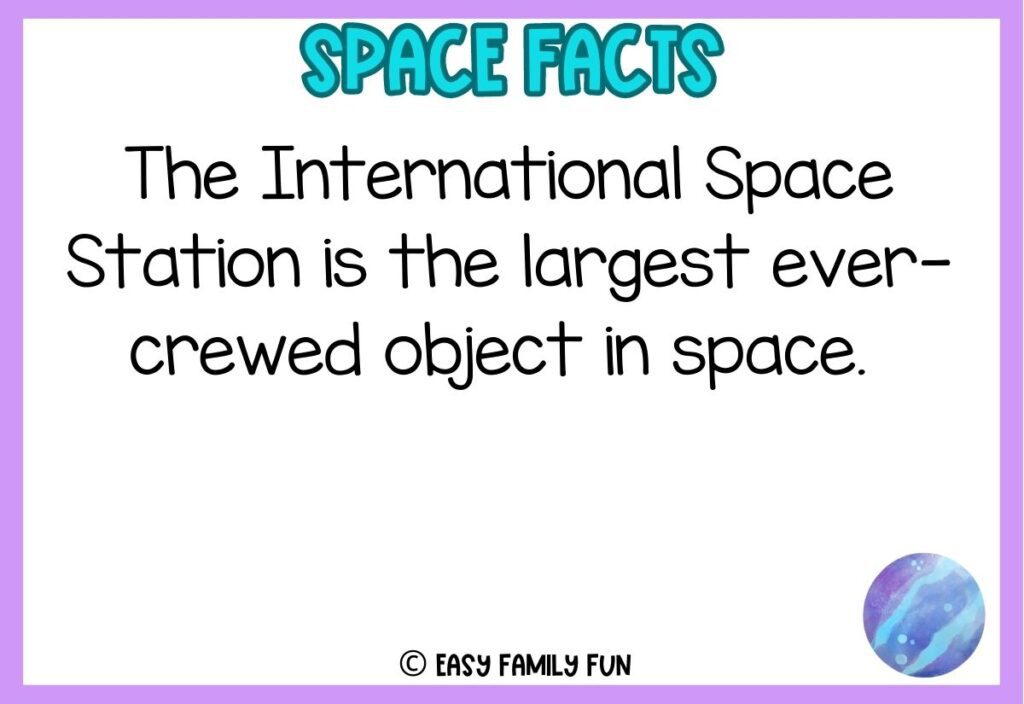 in post image with white background with purple border, bold blue title stating "space facts", image of planet, and space fact. 