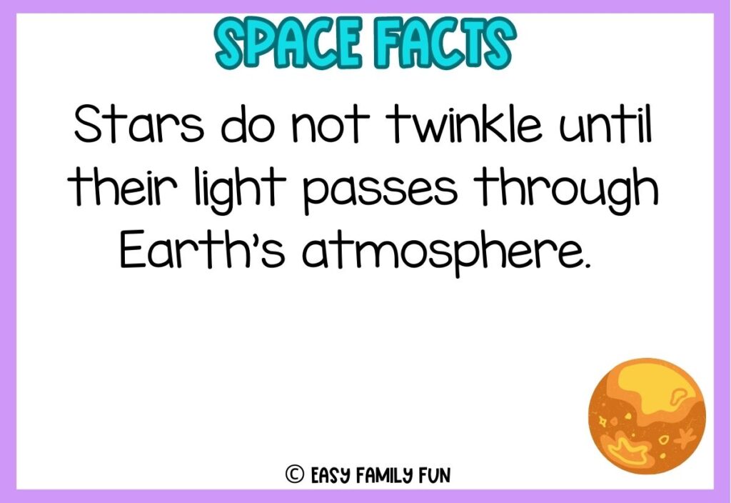 in post image with white background with purple border, bold blue title stating "space facts", image of planet, and space fact. 