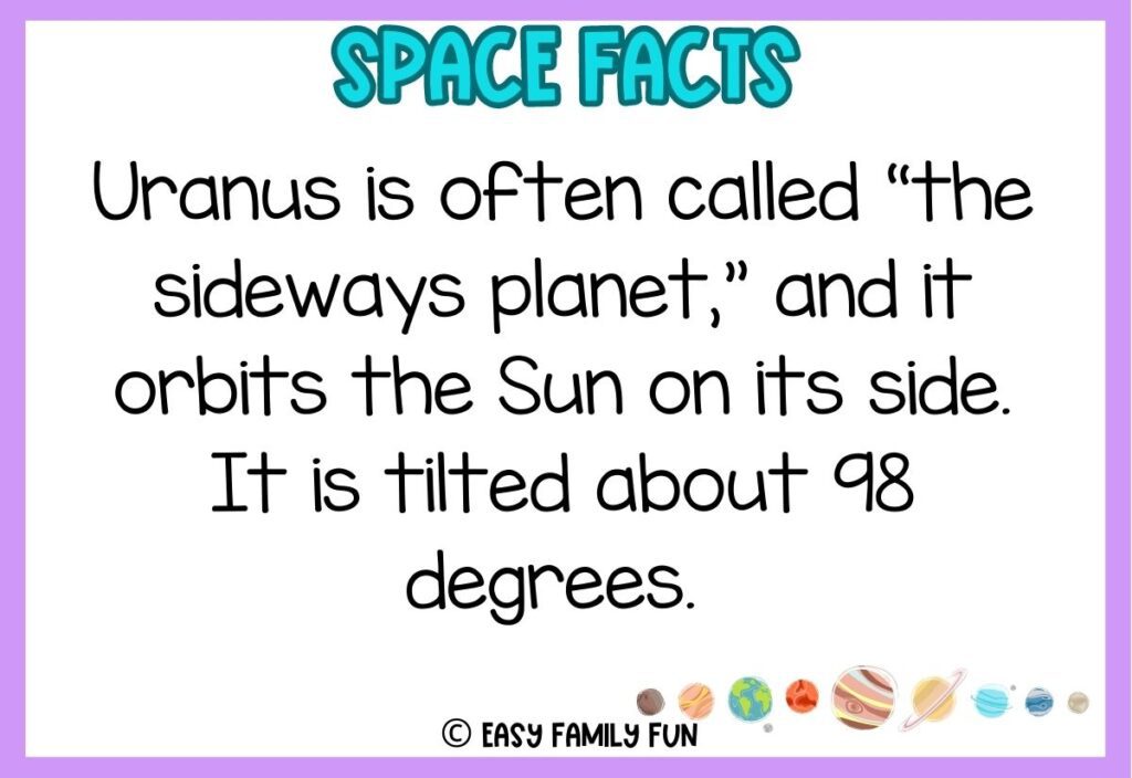 in post image with white background with purple border, bold blue title stating "space facts", image of solar system, and space fact. 