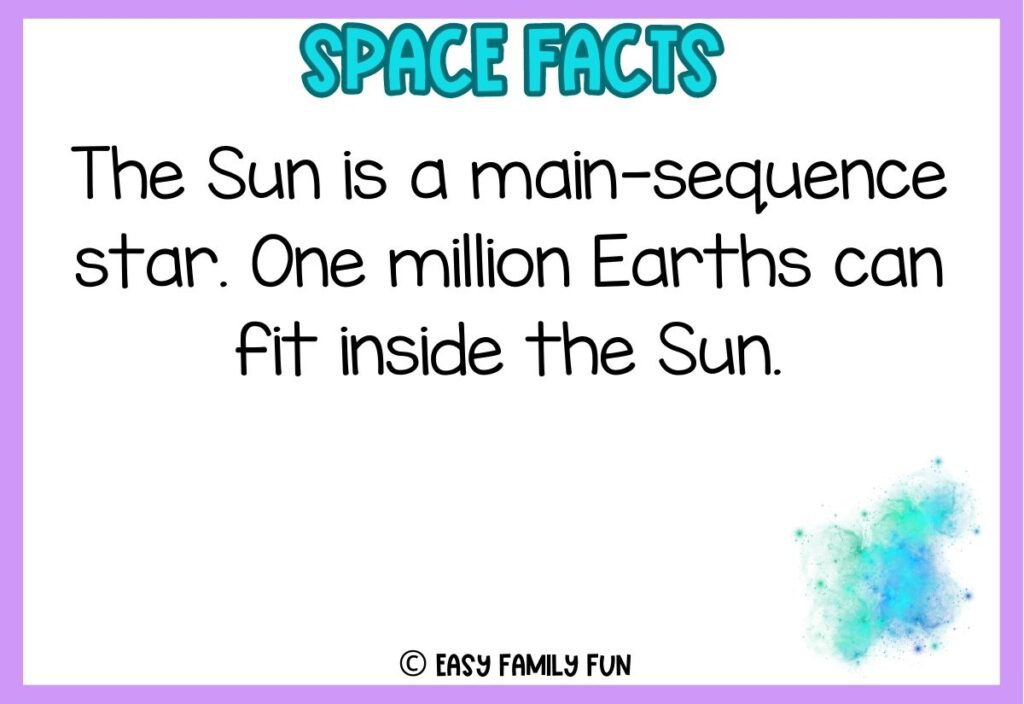 in post image with white background with purple border, bold blue title stating "space facts", image of space, and space fact. 