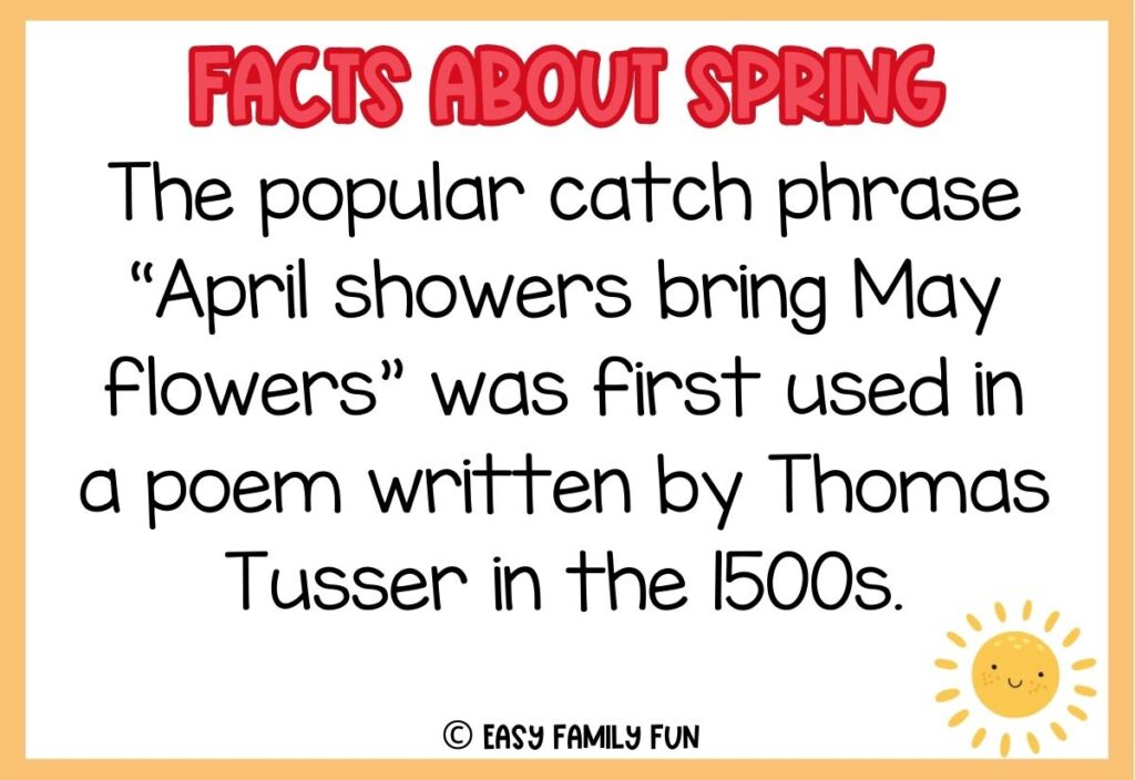 in post image with white background, yellow border, pink and red title stating "Facts About Spring", text of a fact, and an image of a sun