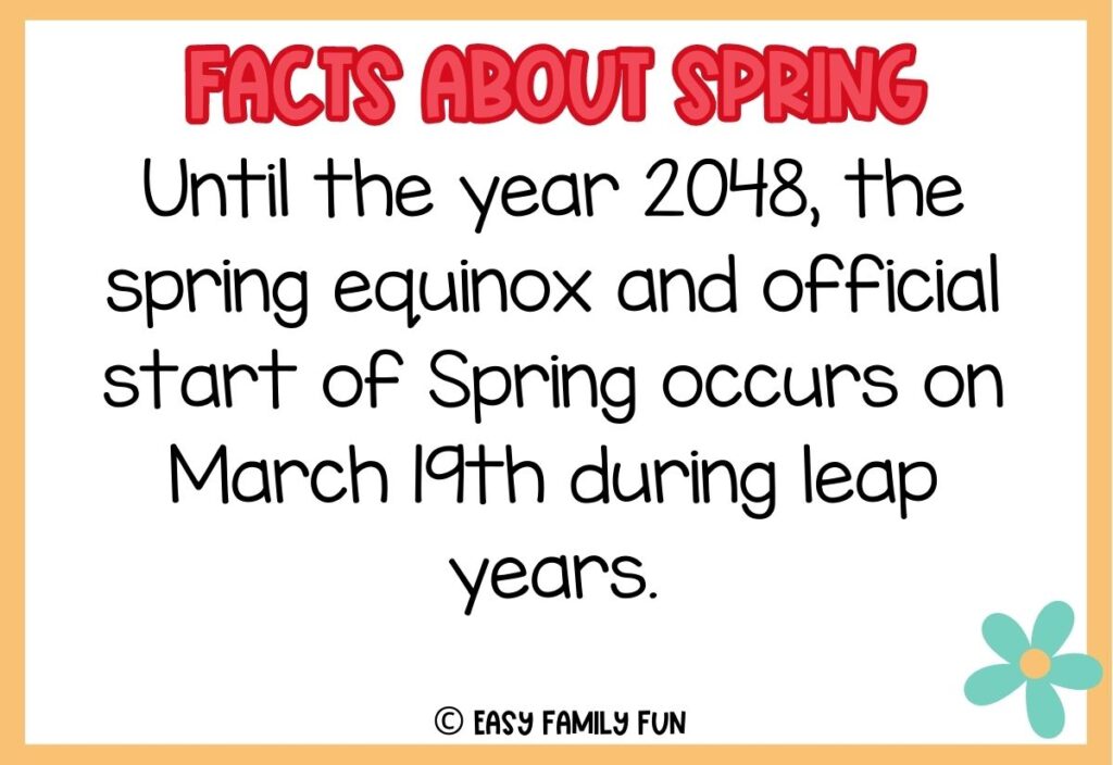 in post image with white background, yellow border, pink and red title stating "Facts About Spring", text of a fact, and an image of a flower