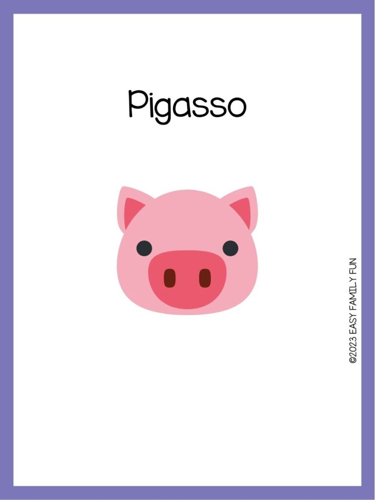 in post image with white background, purple border, image of a pig, and funny pig name