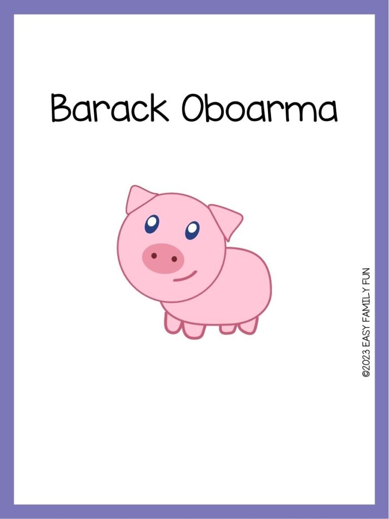 in post image with white background, purple border, image of a pig, and funny pig name