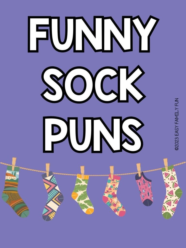 pin image with purple background, bold white text stating "Funny Sock Puns" and an image of socks hanging from a clothes line