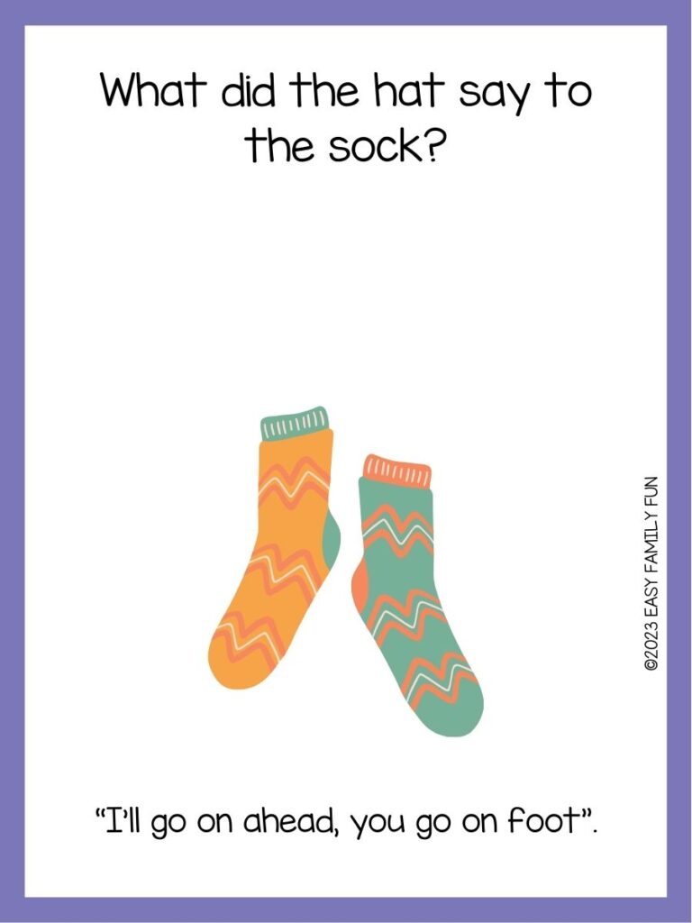 in post image with white background, purple border, text of a sock pun and an image of a pair of socks