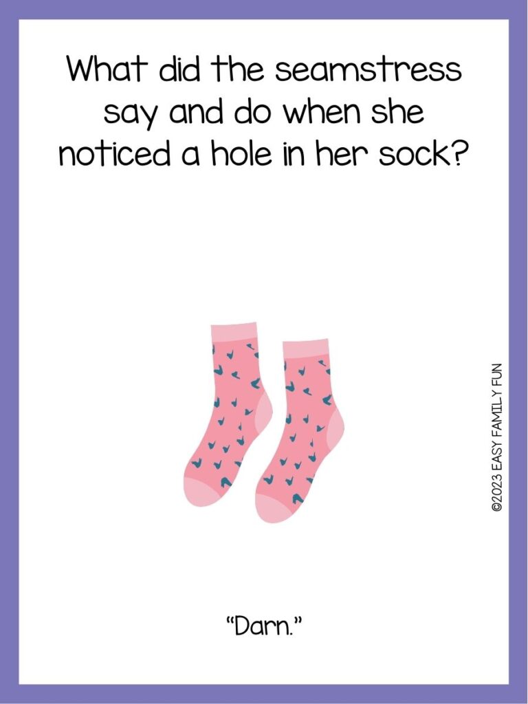 in post image with white background, purple border, text of a sock pun and an image of a pair of socks