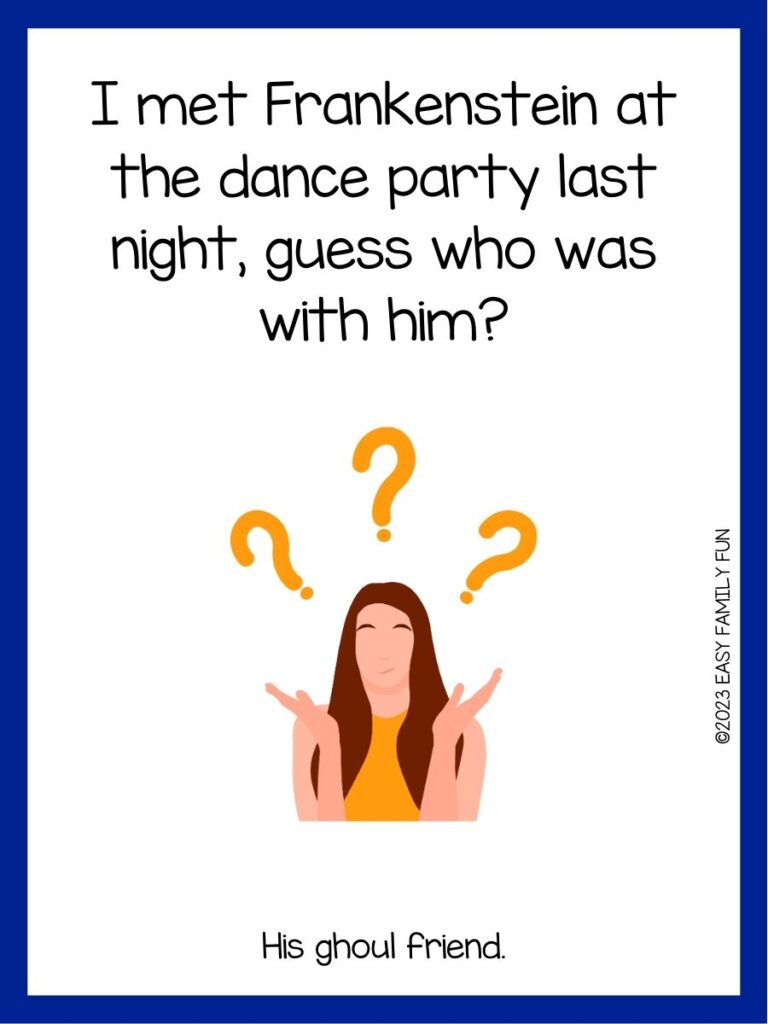 in post image with white background, dark blue border, text of a guess what joke and an image of question marks over a girl
