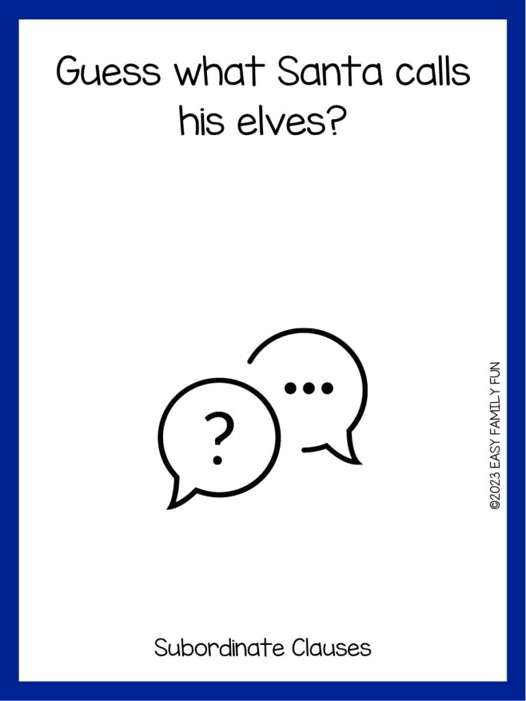 in post image with white background, dark blue border, text of a guess what joke and an image of a speech bubble with question marks
