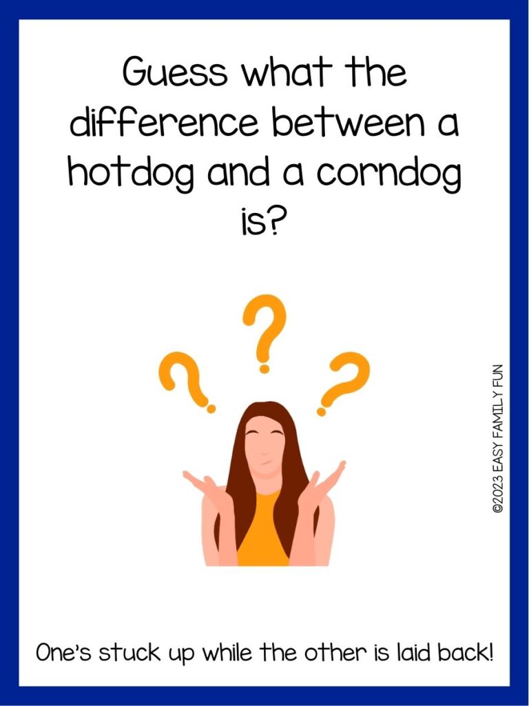 in post image with white background, dark blue border, text of a guess what joke and an image of question marks over a girl