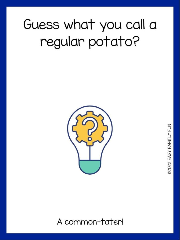 in post image with white background, dark blue border, text of a guess what joke and an image of a lightbulb with question mark