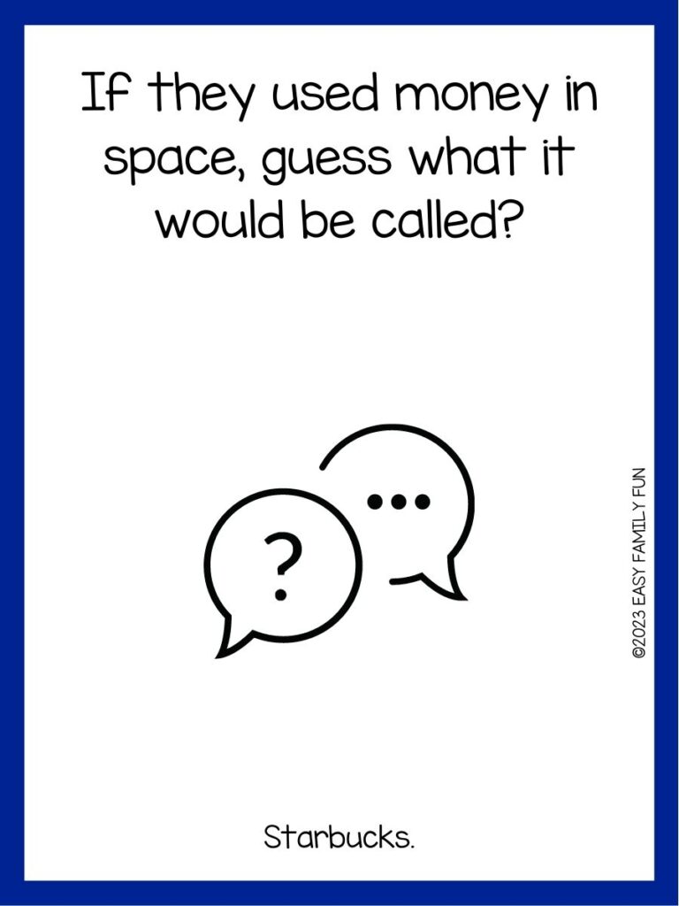 in post image with white background, dark blue border, text of a guess what joke and an image of question mark speech bubbles