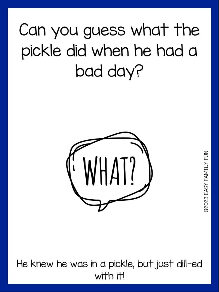 in post image with white background, dark blue border, text of a guess what joke and an image of speech bubble that says What?