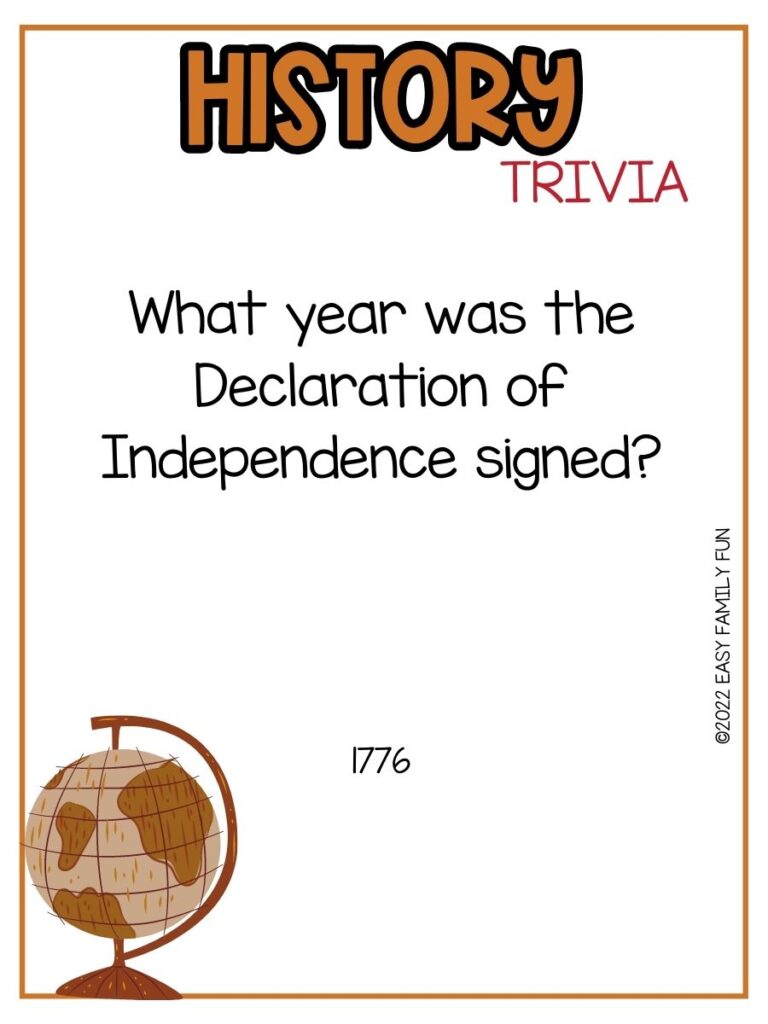 in post image with white background, brown border, bold brown title stating "History Trivia", text of history trivia, and an image of a globe