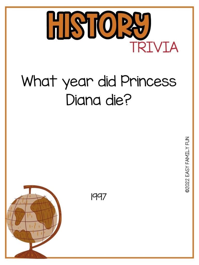 in post image with white background, brown border, bold brown title stating "History Trivia", text of history trivia, and an image of a globe