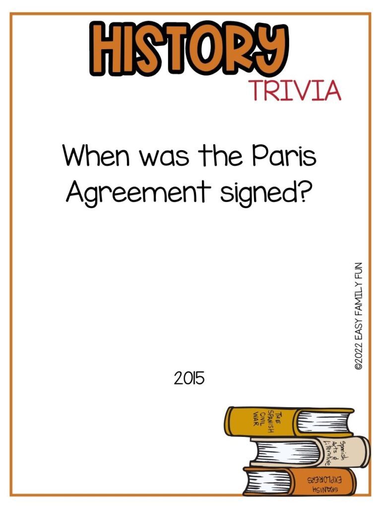 in post image with white background, brown border, bold brown title stating "History Trivia", text of history trivia, and an image of a stack of history books