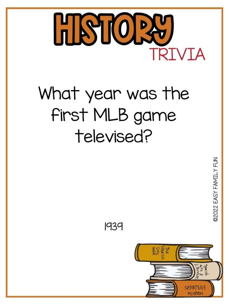in post image with white background, brown border, bold brown title stating "History Trivia", text of history trivia, and an image of a stack of history books