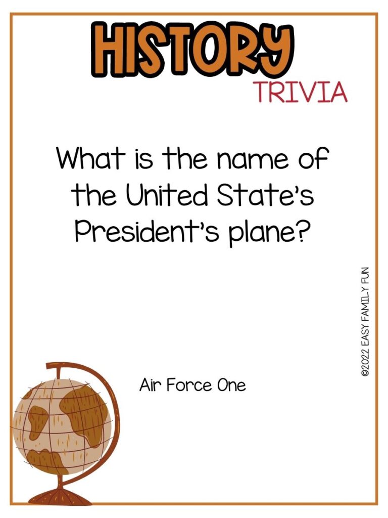 in post image with white background, brown border, bold brown title stating "History Trivia", text of history trivia, and an image of a globe