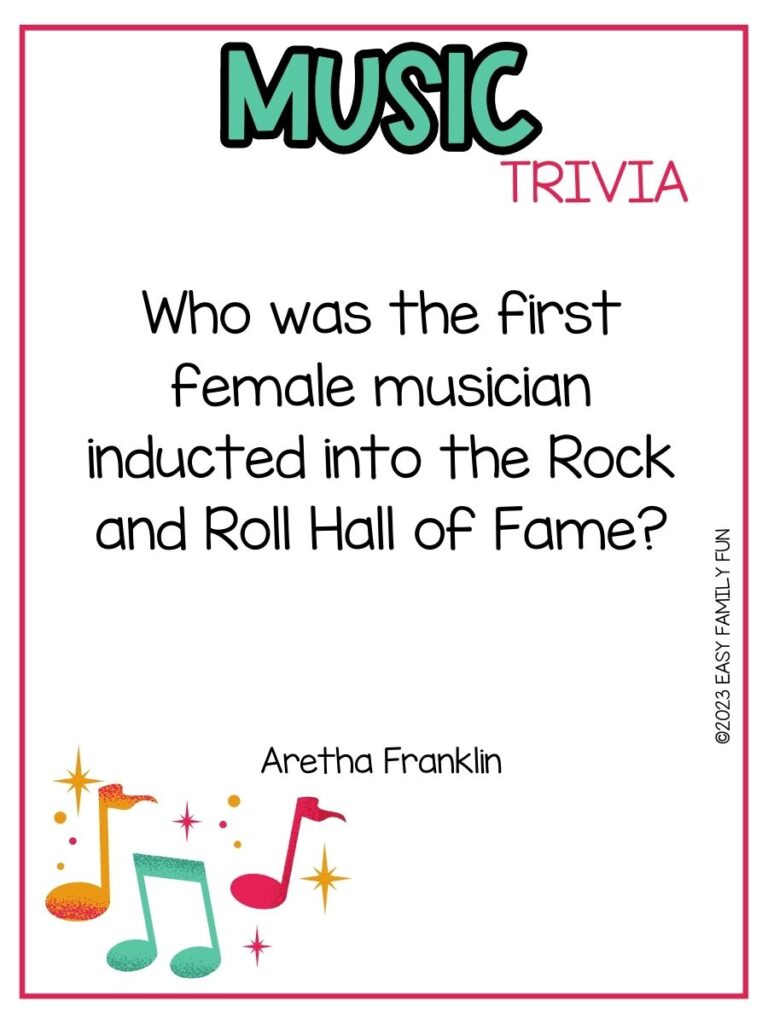 in post image with white background, pink border, bold teal title that states "Music Trivia", text of music trivia question, and an image of music notes