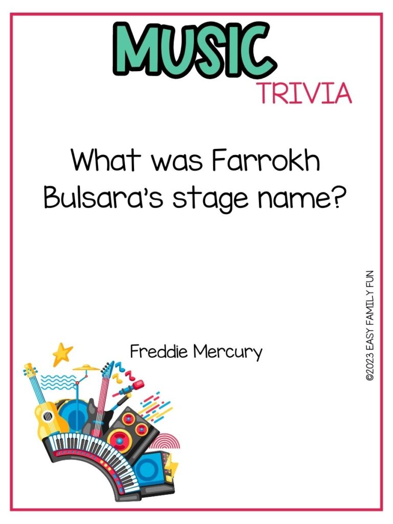 in post image with white background, pink border, bold teal title that states "Music Trivia", text of music trivia question, and an image of instruments