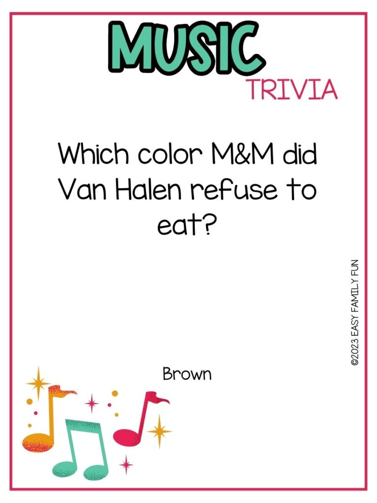 in post image with white background, pink border, bold teal title that states "Music Trivia", text of music trivia question, and an image of music notes
