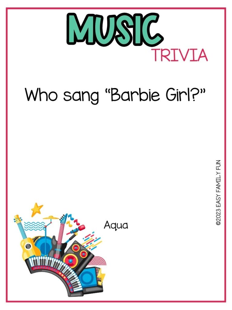 in post image with white background, pink border, bold teal title that states "Music Trivia", text of music trivia question, and an image of instruments