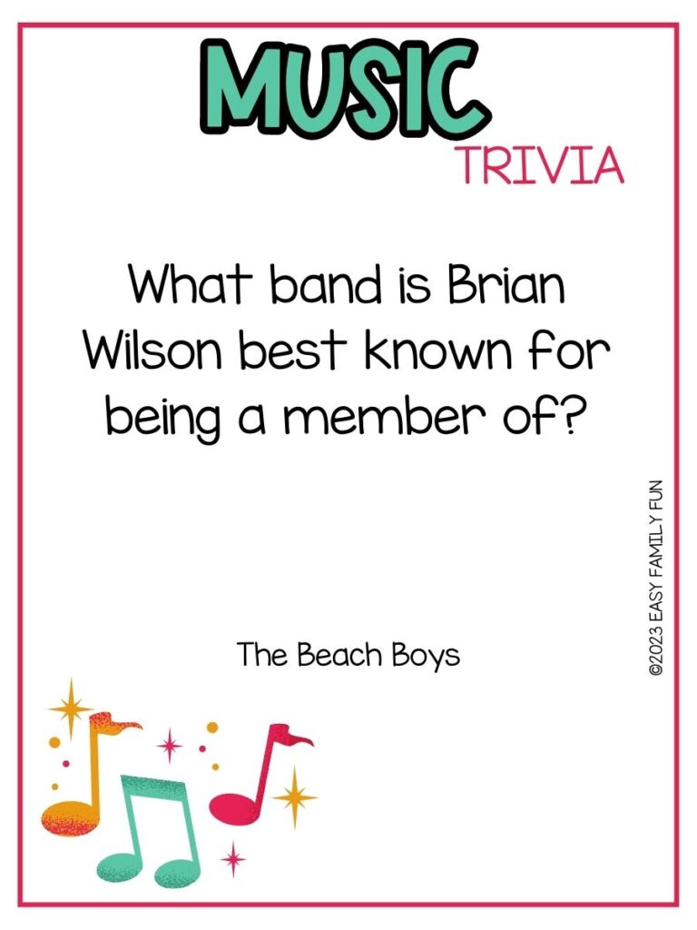 in post image with white background, pink border, bold teal title that states "Music Trivia", text of music trivia question, and an image of music notes