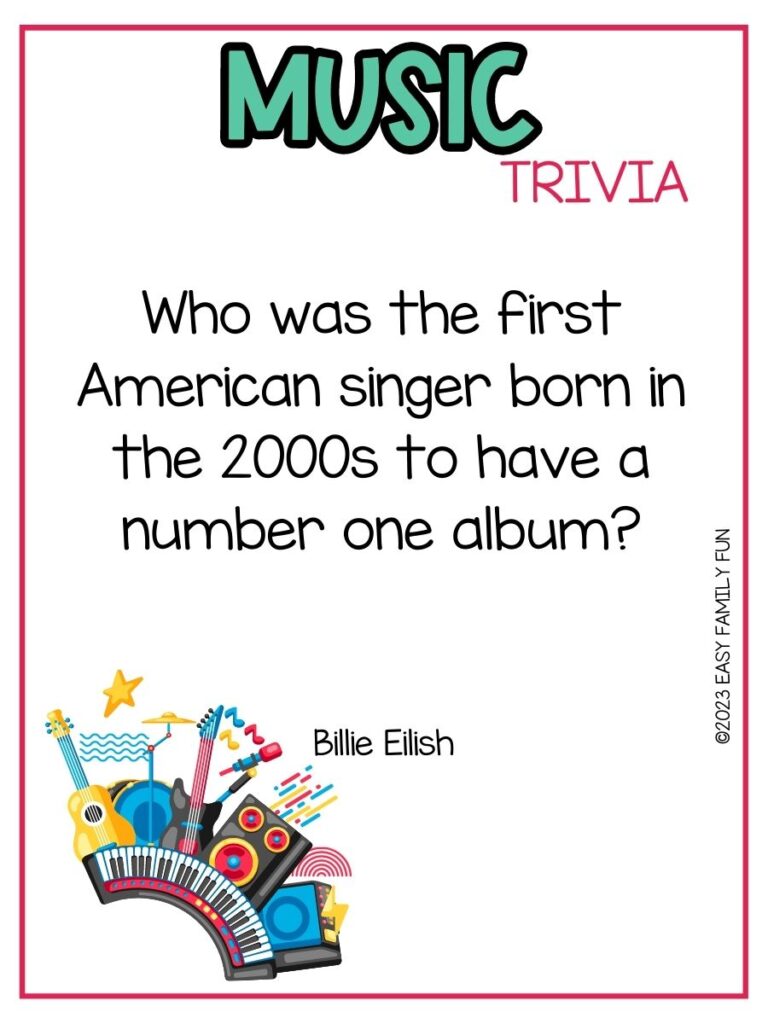 in post image with white background, pink border, bold teal title that states "Music Trivia", text of music trivia question, and an image of instruments