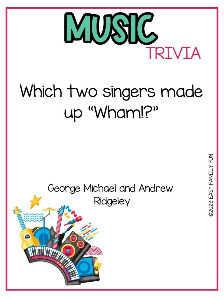 in post image with white background, pink border, bold teal title that states "Music Trivia", text of music trivia question, and an image of instruments