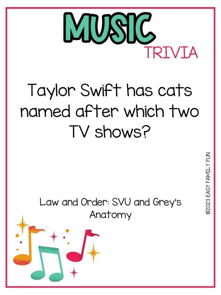 in post image with white background, pink border, bold teal title that states "Music Trivia", text of music trivia question, and an image of music notes