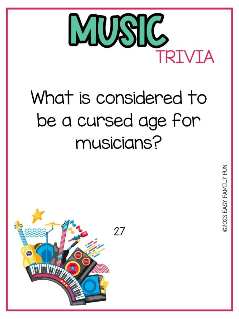 in post image with white background, pink border, bold teal title that states "Music Trivia", text of music trivia question, and an image of instruments