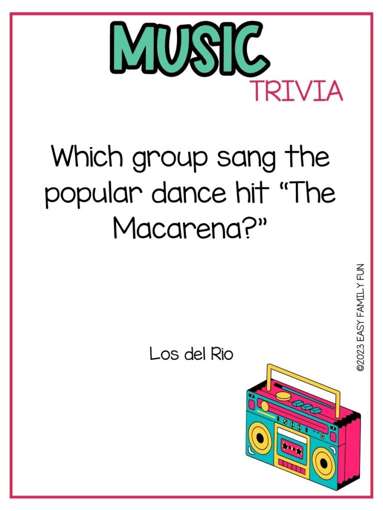in post image with white background, pink border, bold teal title that states "Music Trivia", text of music trivia question, and an image of boombox