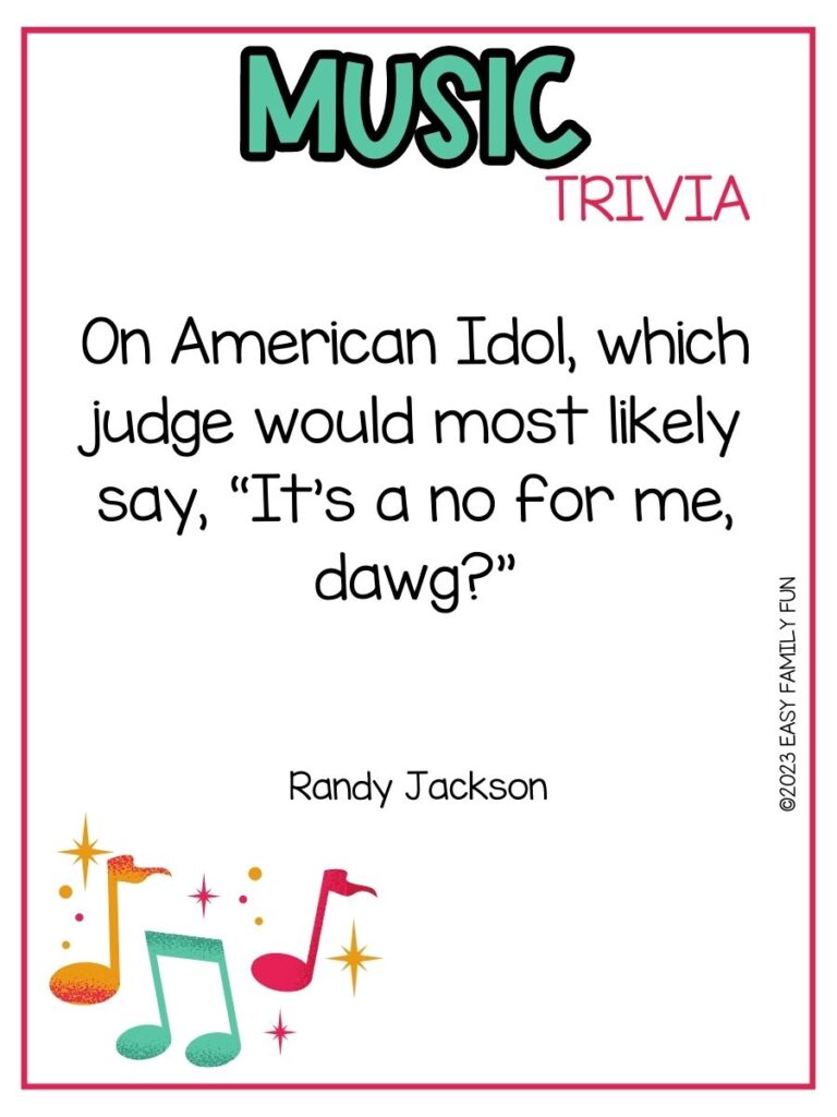 in post image with white background, pink border, bold teal title that states "Music Trivia", text of music trivia question, and an image of music notes