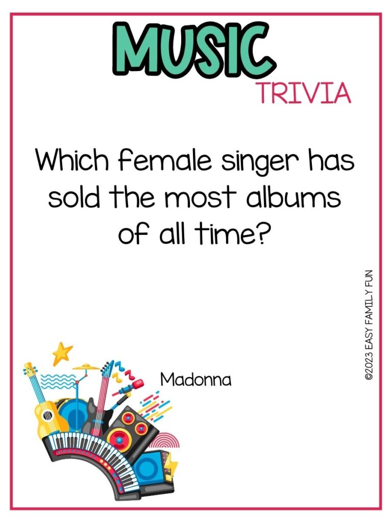 in post image with white background, pink border, bold teal title that states "Music Trivia", text of music trivia question, and an image of instruments