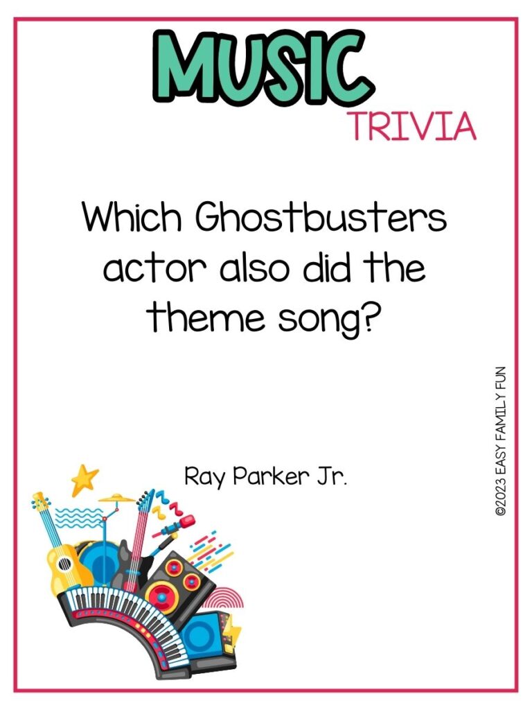 in post image with white background, pink border, bold teal title that states "Music Trivia", text of music trivia question, and an image of instruments