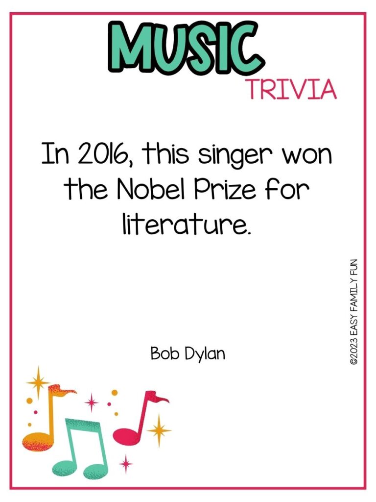 in post image with white background, pink border, bold teal title that states "Music Trivia", text of music trivia question, and an image of music notes