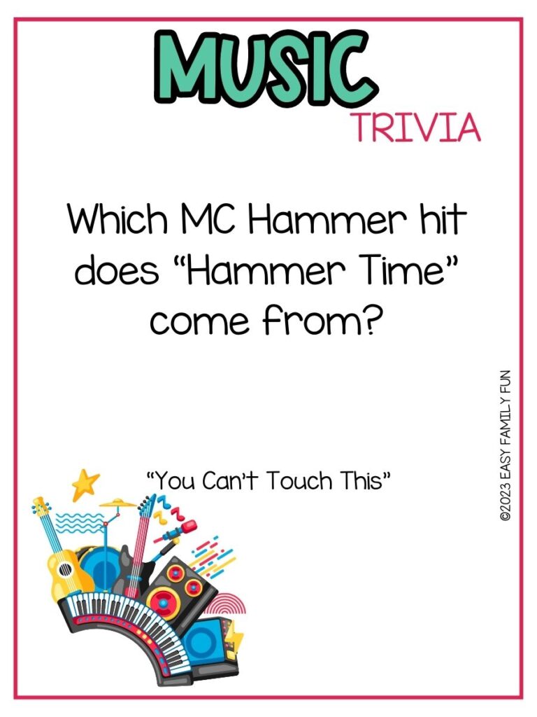 in post image with white background, pink border, bold teal title that states "Music Trivia", text of music trivia question, and an image of instruments