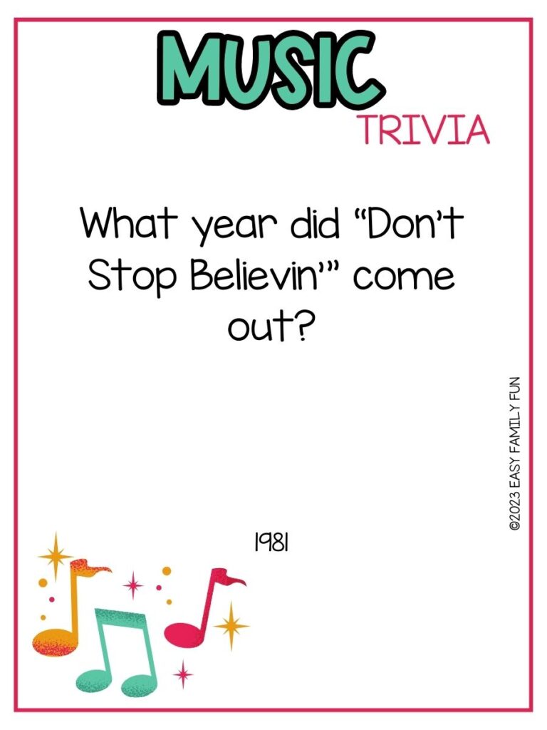 in post image with white background, pink border, bold teal title that states "Music Trivia", text of music trivia question, and an image of music notes