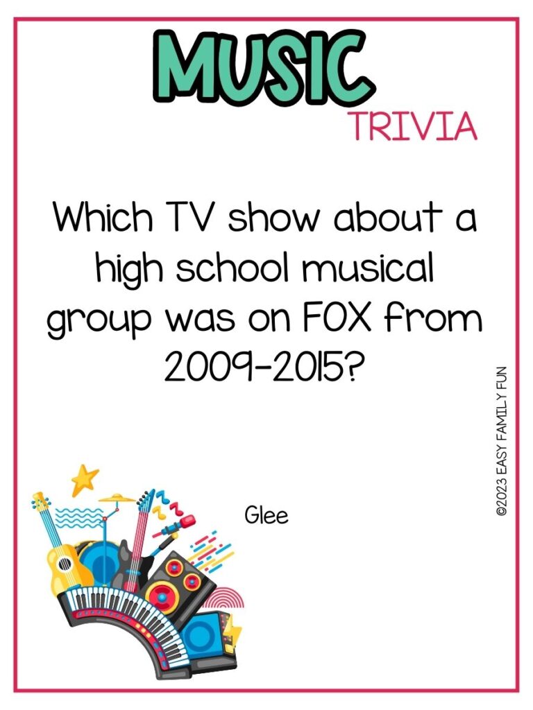 in post image with white background, pink border, bold teal title that states "Music Trivia", text of music trivia question, and an image of instruments