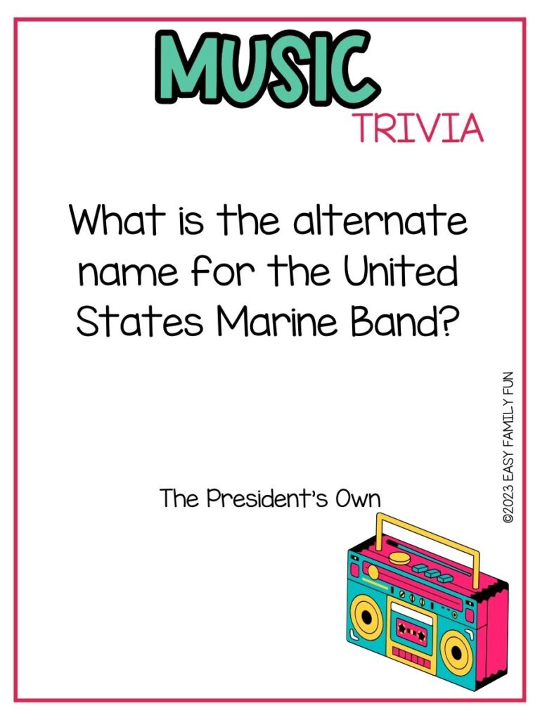 in post image with white background, pink border, bold teal title that states "Music Trivia", text of music trivia question, and an image of boombox