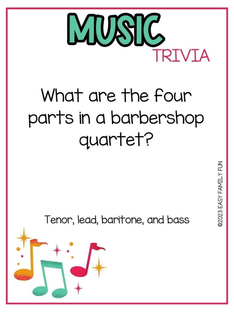 in post image with white background, pink border, bold teal title that states "Music Trivia", text of music trivia question, and an image of music notes