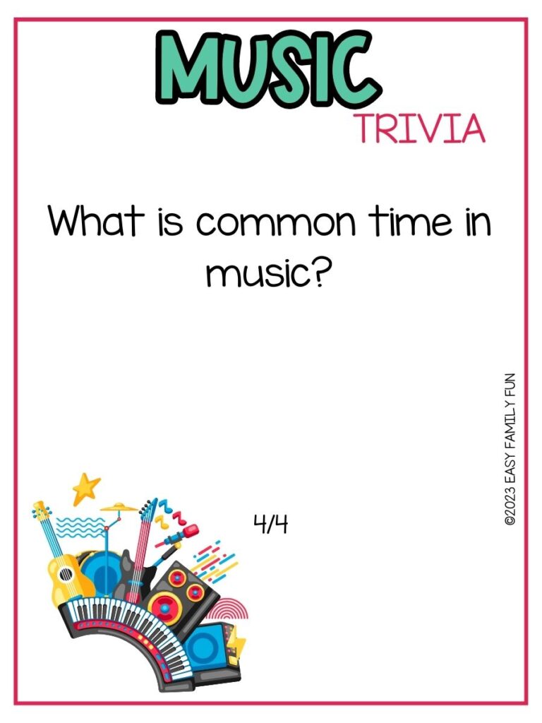 in post image with white background, pink border, bold teal title that states "Music Trivia", text of music trivia question, and an image of instruments