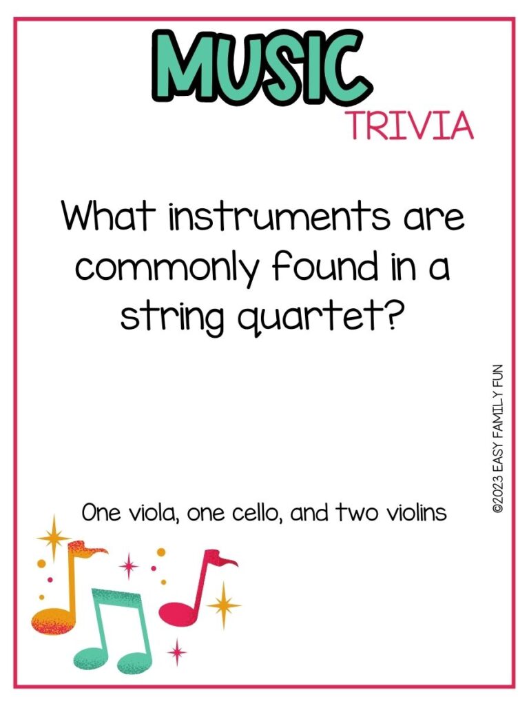 in post image with white background, pink border, bold teal title that states "Music Trivia", text of music trivia question, and an image of music notes