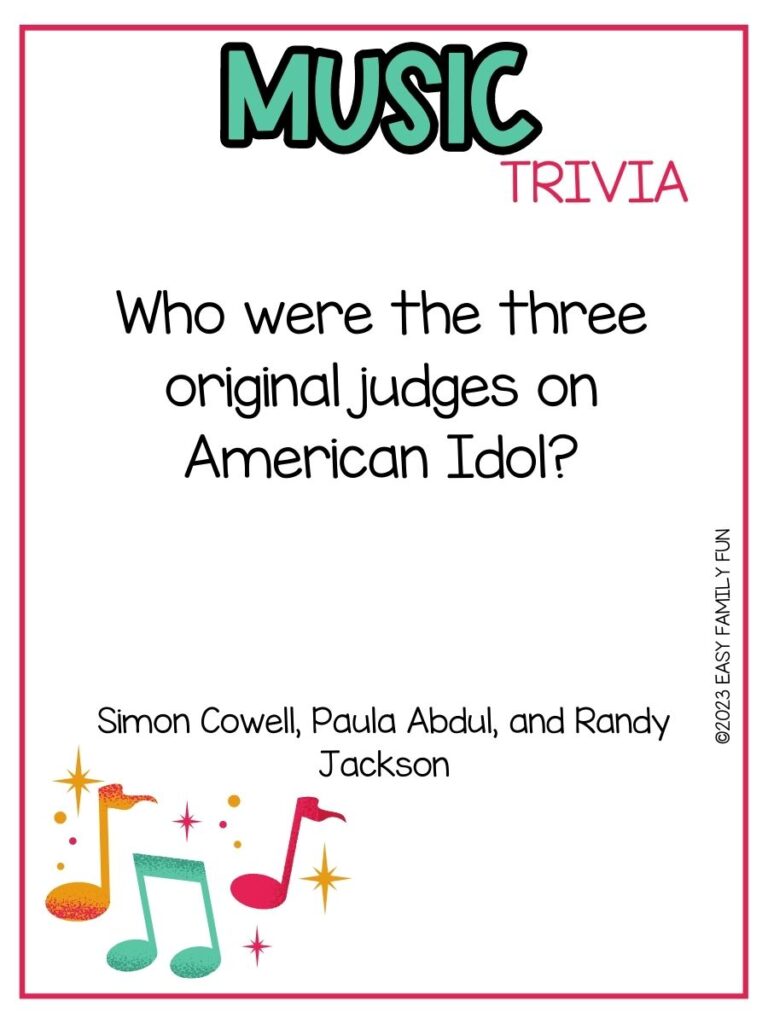 in post image with white background, pink border, bold teal title that states "Music Trivia", text of music trivia question, and an image of music notes