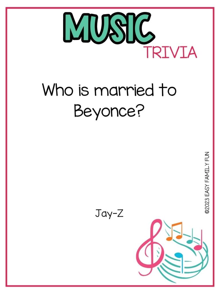 in post image with white background, pink border, bold teal title that states "Music Trivia", text of music trivia question, and an image of music notes