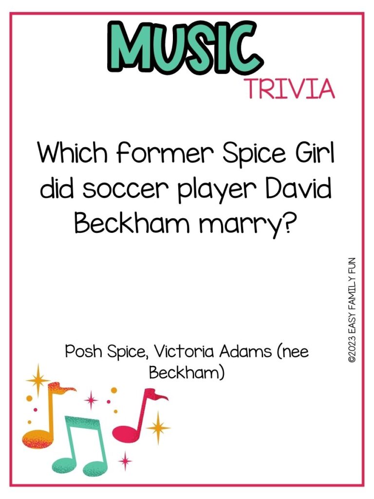 in post image with white background, pink border, bold teal title that states "Music Trivia", text of music trivia question, and an image of music notes