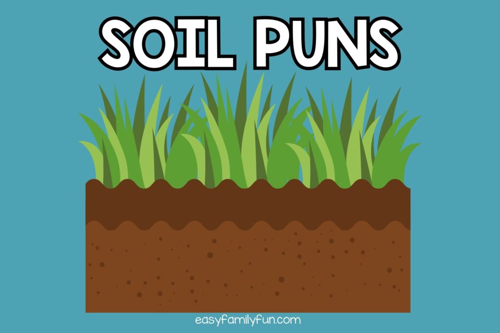 featured image with blue background, bold white text stating "Soil Puns" and an image of soil with grass growing out of it. 