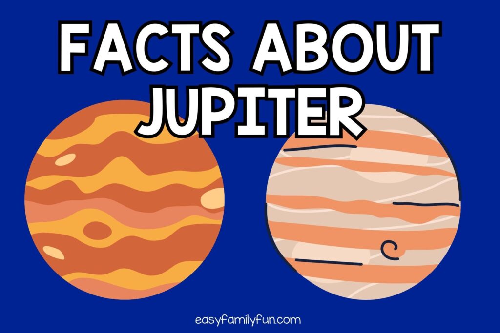 featured image with dark blue background, bold white title stating "Facts About Jupiter" and images of Jupiter. 