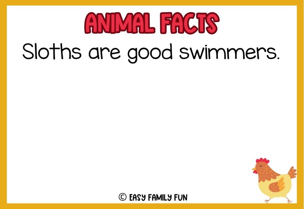in post image with white background, yellow border, red title stating "Animal Facts", text of a weird animal fact and an image of a chicken